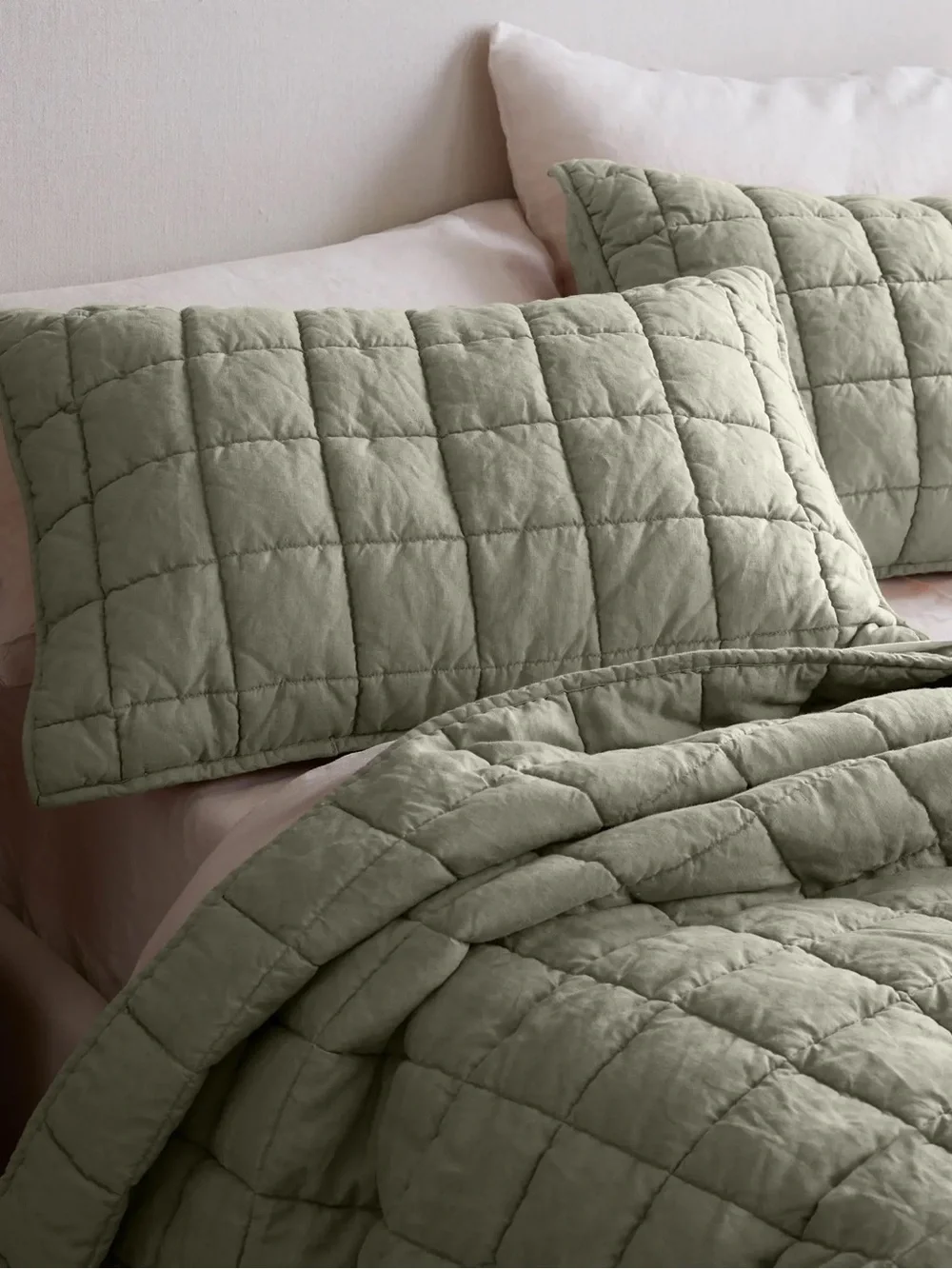 NEW Quince QUEEN Willowleaf European Linen Box Quilt Set w/ Shams $234